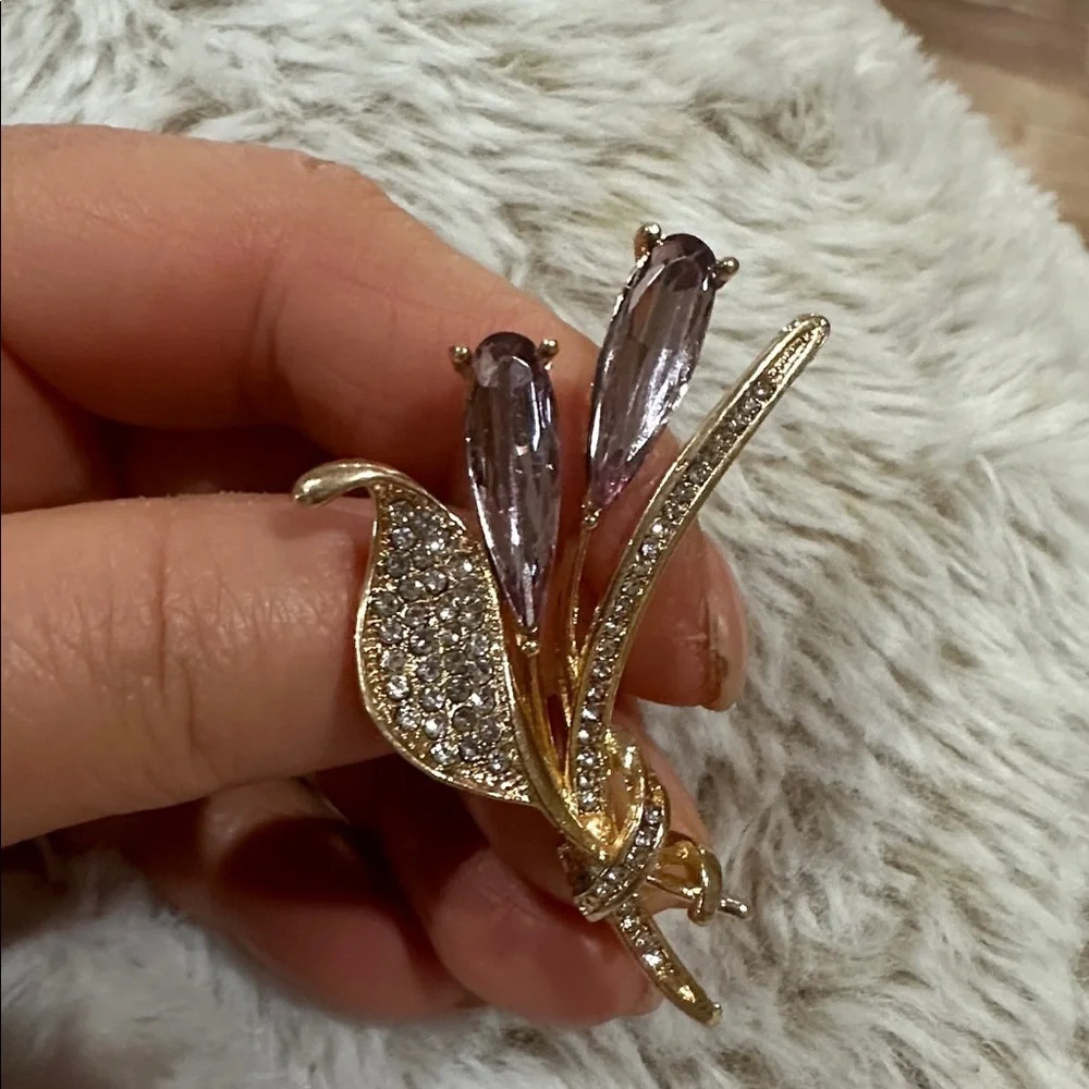Gold-Tone Floral Crystal Brooch with Amethyst Stones